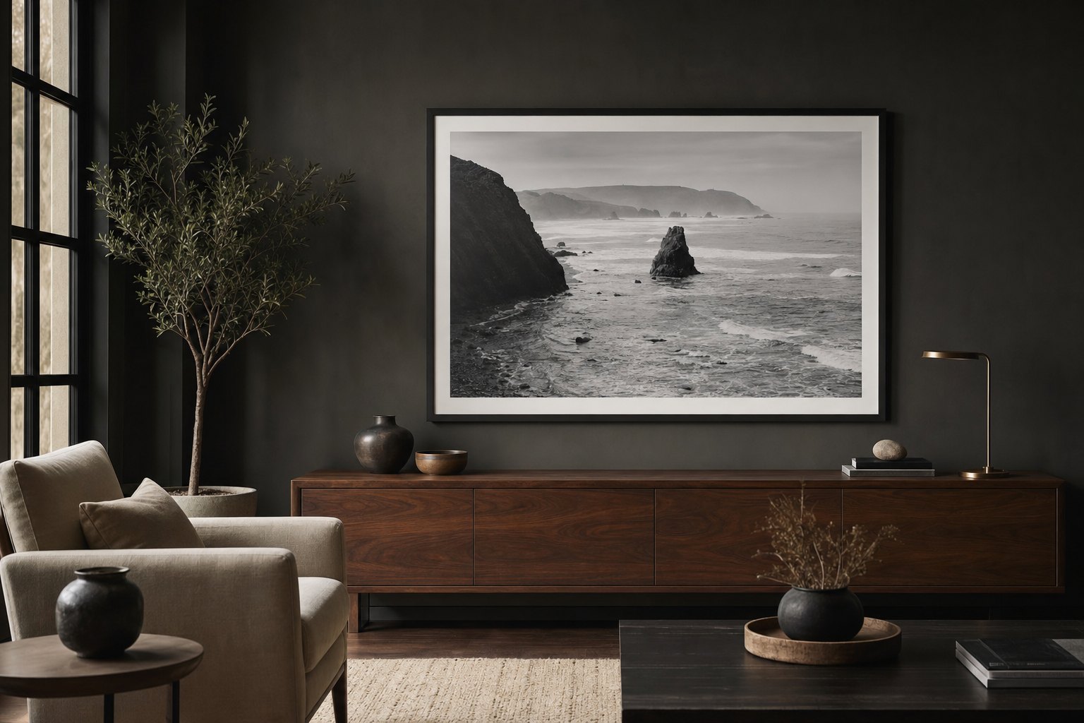 A large black-and-white coastal photograph framed above a walnut console in a dark living room.