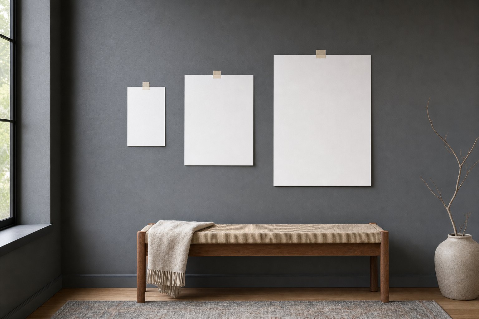 Three paper artwork mockups at small, medium, and large proportions above a bench.