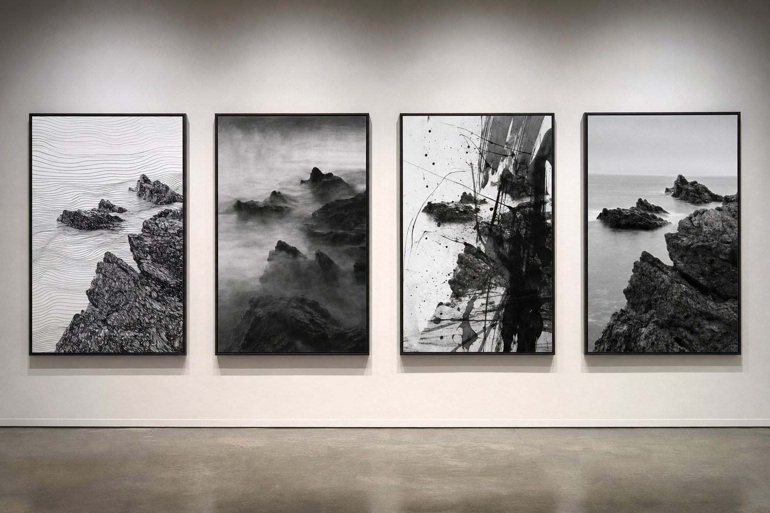 Four framed interpretations of a rocky coast, from linework to smoky texture and monochrome photography.