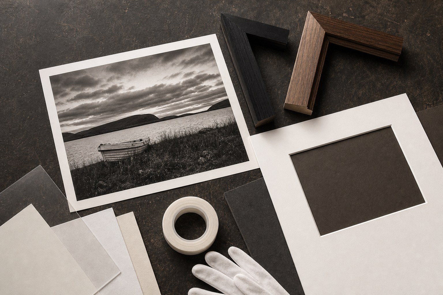 A photographic print with black and oak frame samples, a window mat, and mounting materials.
