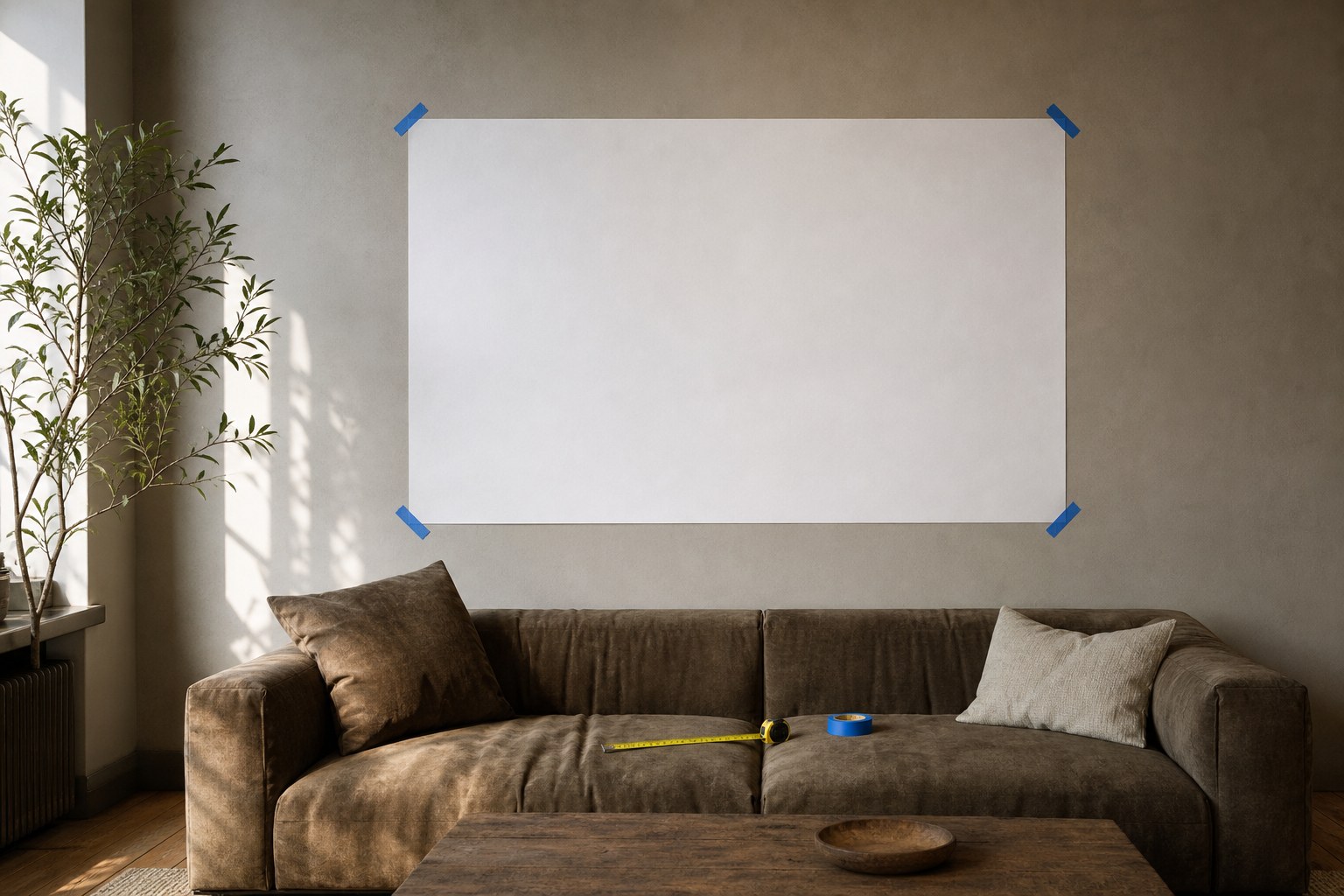 A paper mockup taped above a sofa to test the scale of framed photography wall art.