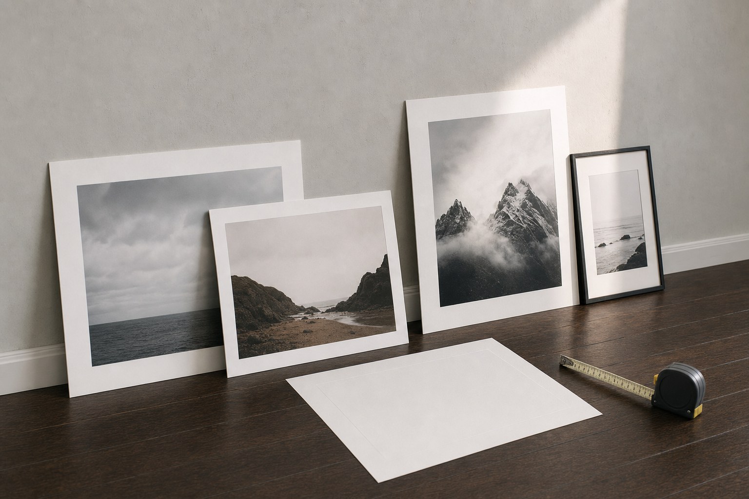 Photographic prints, a paper mockup, and a tape measure arranged on a dark wood floor.