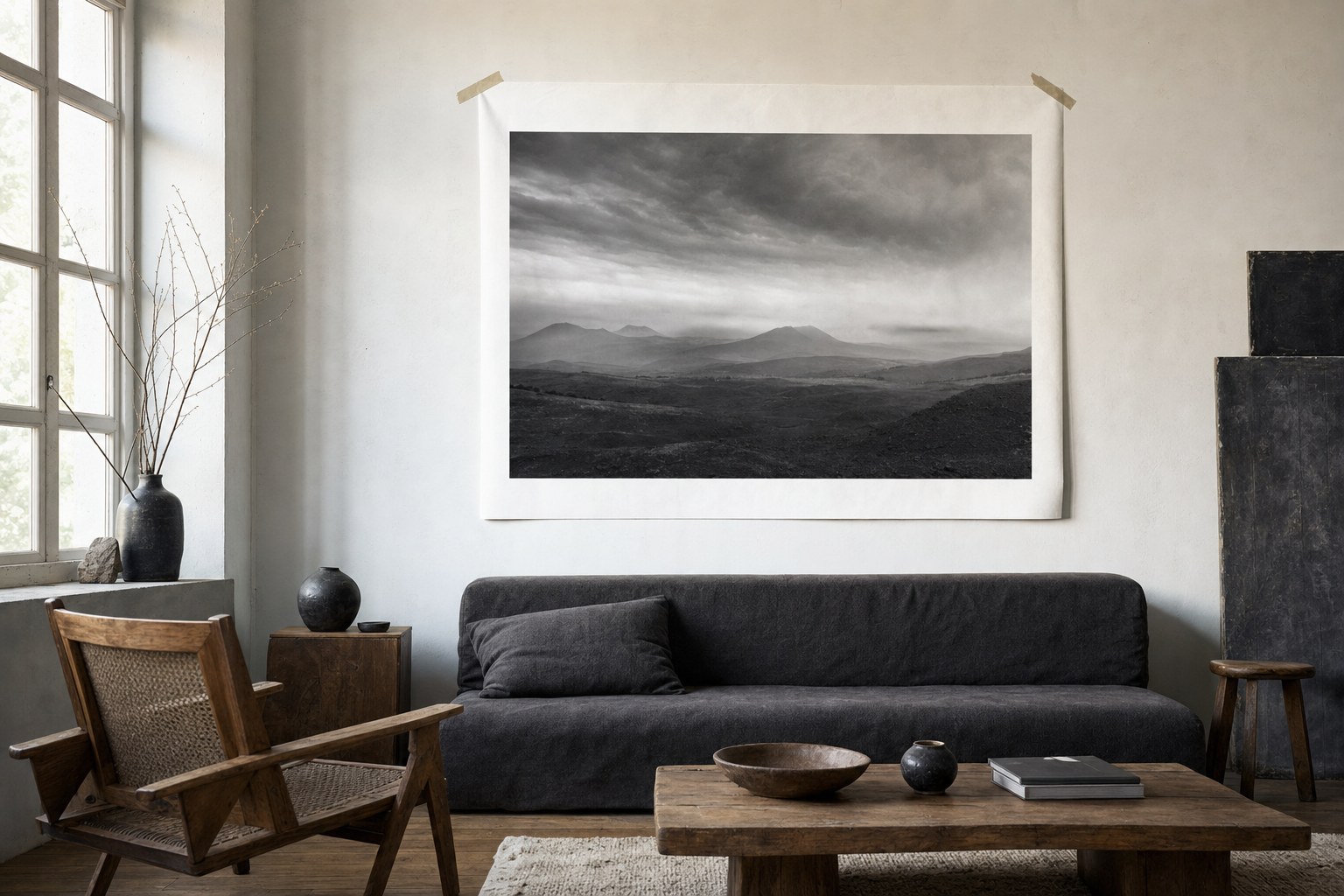 A landscape print mockup taped above a low sofa to test artwork scale.