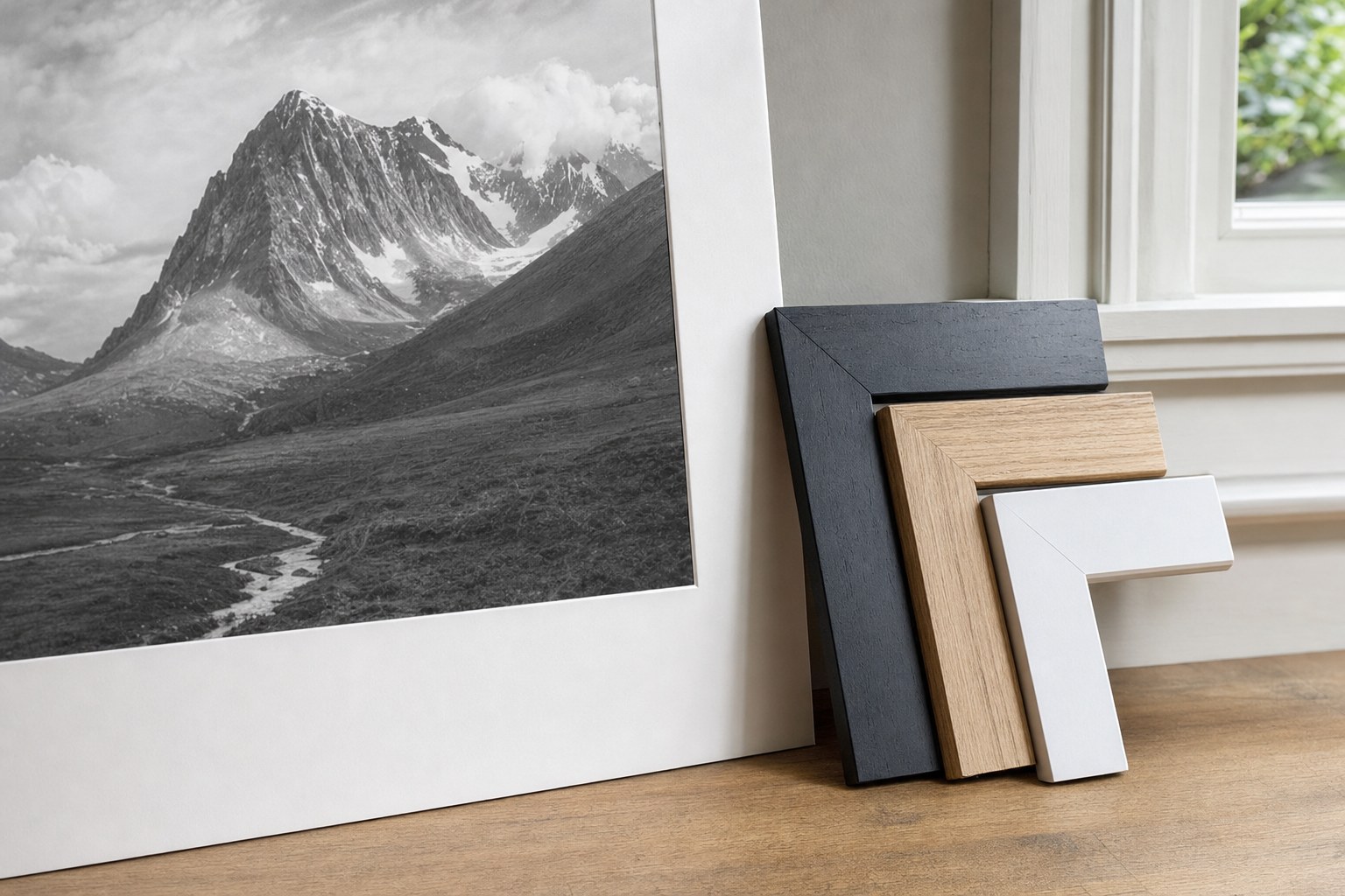 A monochrome mountain print beside black, oak, and white frame samples.