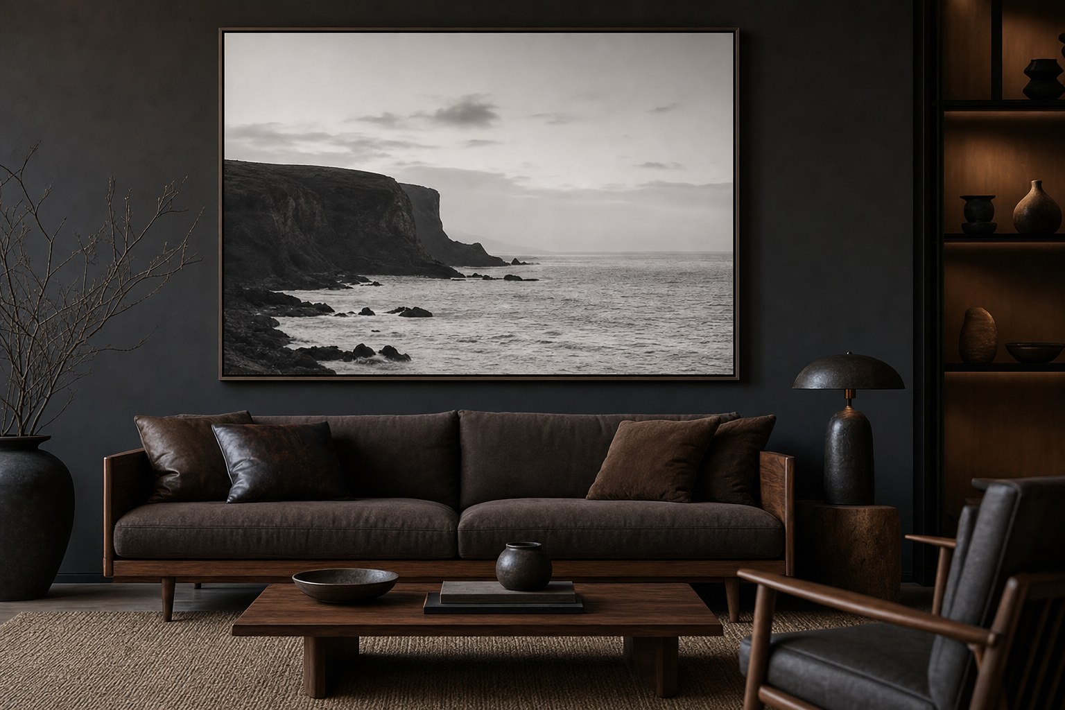 A large framed monochrome coastal photograph above a walnut sofa in a dark living room.