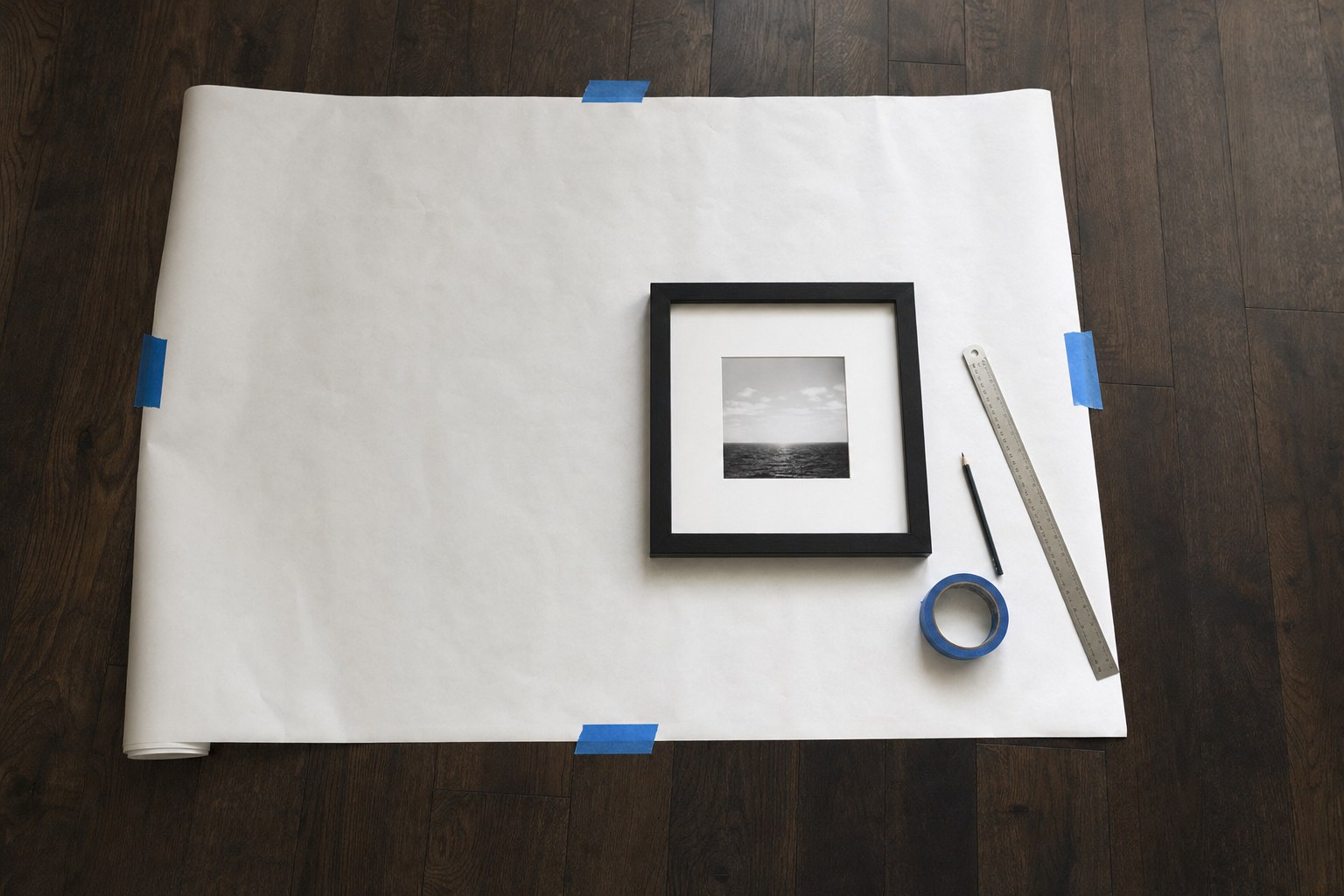 A paper mockup, tape, ruler, and framed photograph used to test artwork size.