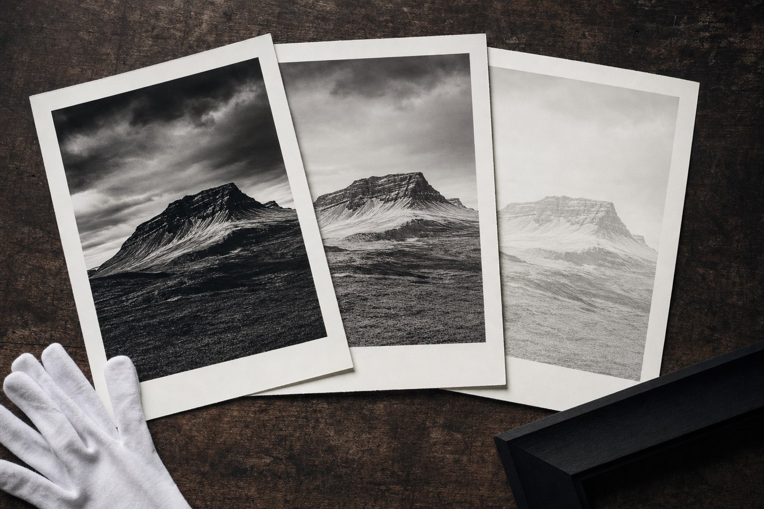 Three black-and-white photographic print proofs with different contrast levels on a dark studio table.