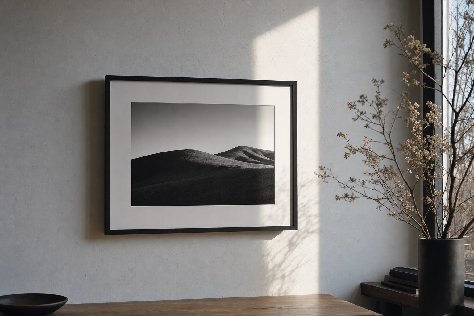 A framed monochrome landscape photograph illuminated by soft window light.