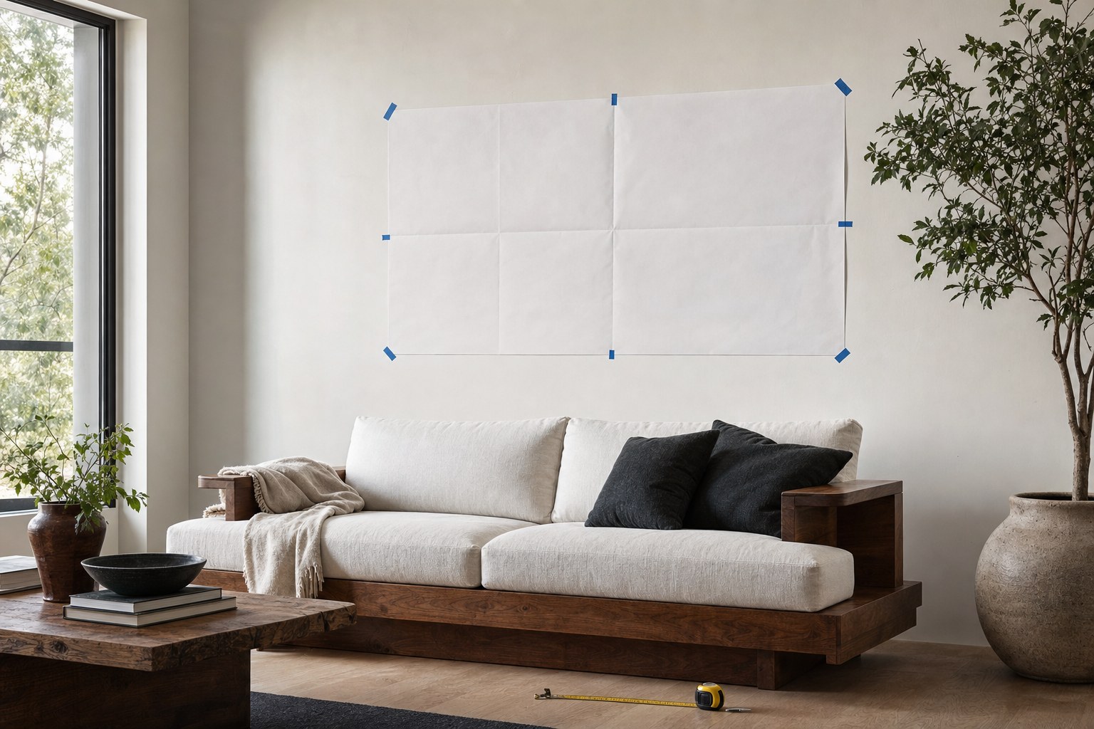 A large paper mockup taped above a sofa to test artwork scale on a living room wall.