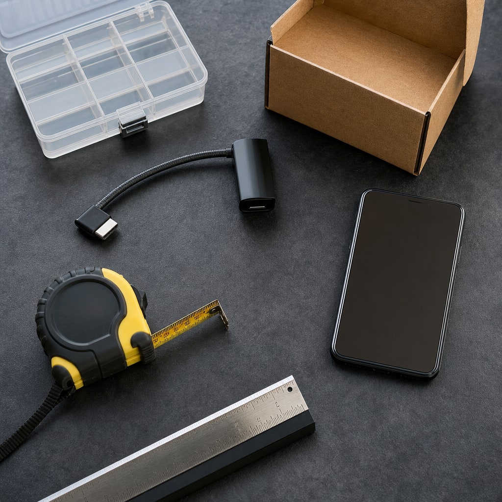 Generic phone accessory, measuring tools, and organizer used to compare product details