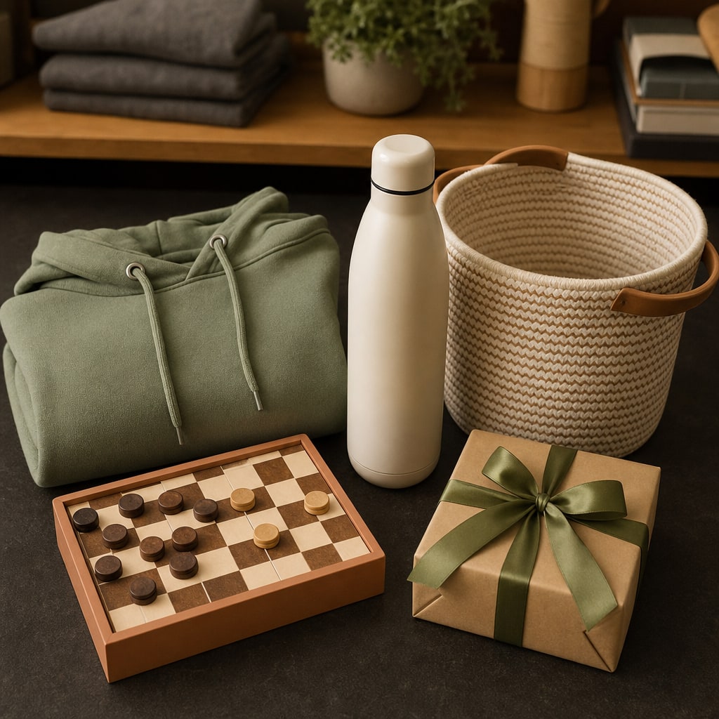 Useful everyday finds including a hoodie, bottle, basket, game, and gift