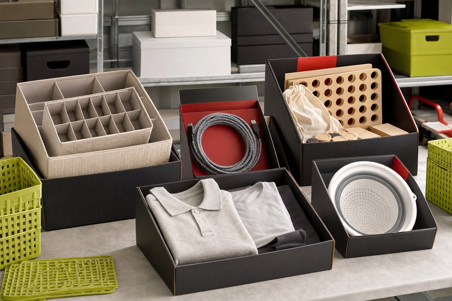 Organized retail bins holding assorted new household and apparel finds