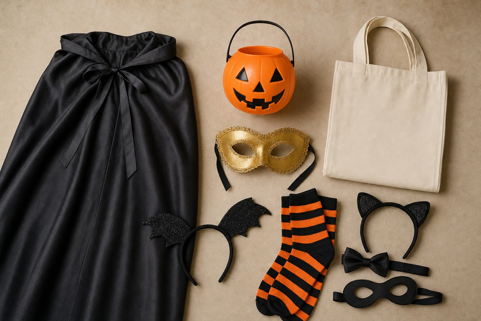 Halloween costume accessories arranged beside a black cape and reusable tote