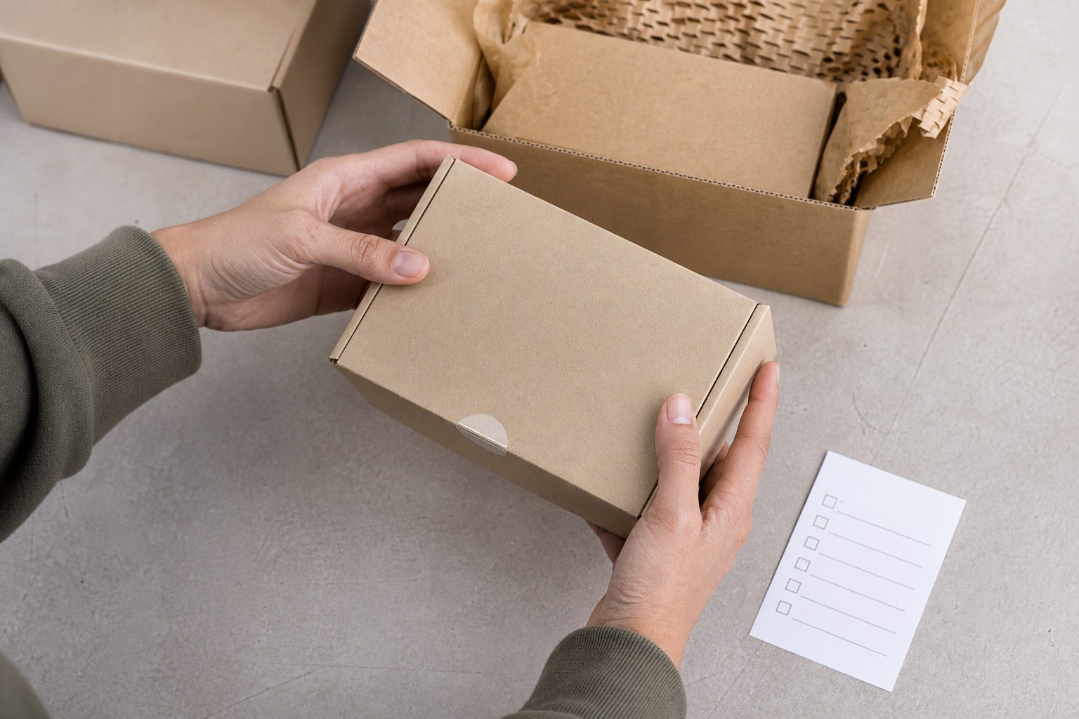 Hands inspecting a plain boxed item beside a simple checklist