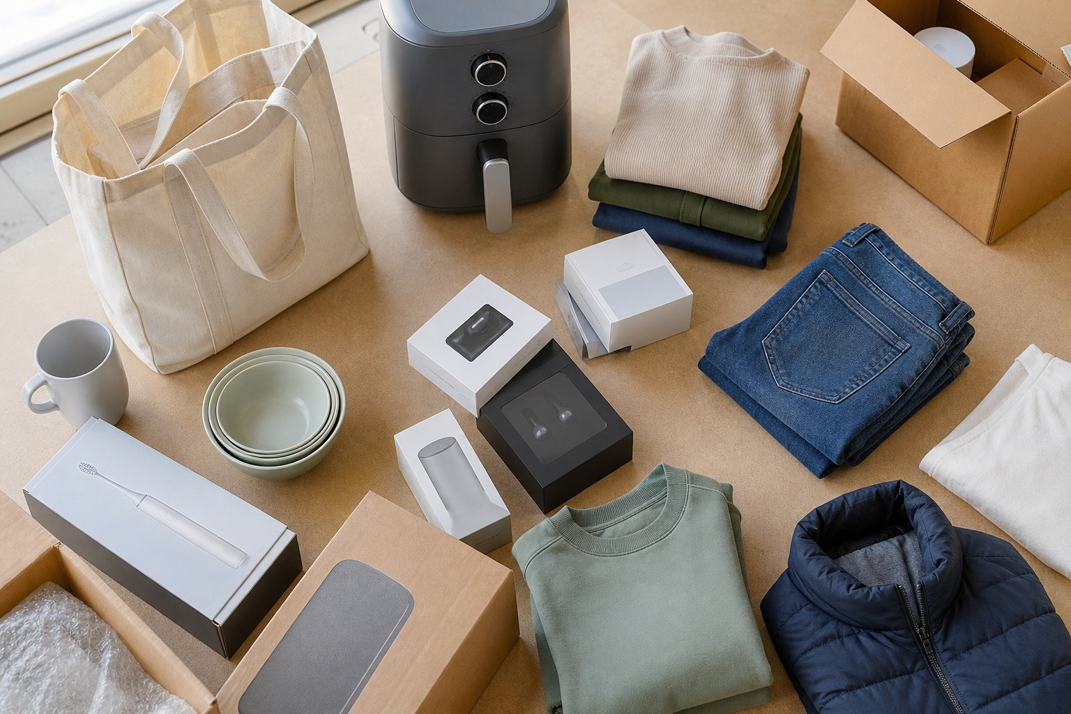 A mix of unbranded boxed home, apparel, and electronics finds arranged for a closeout shopping trip