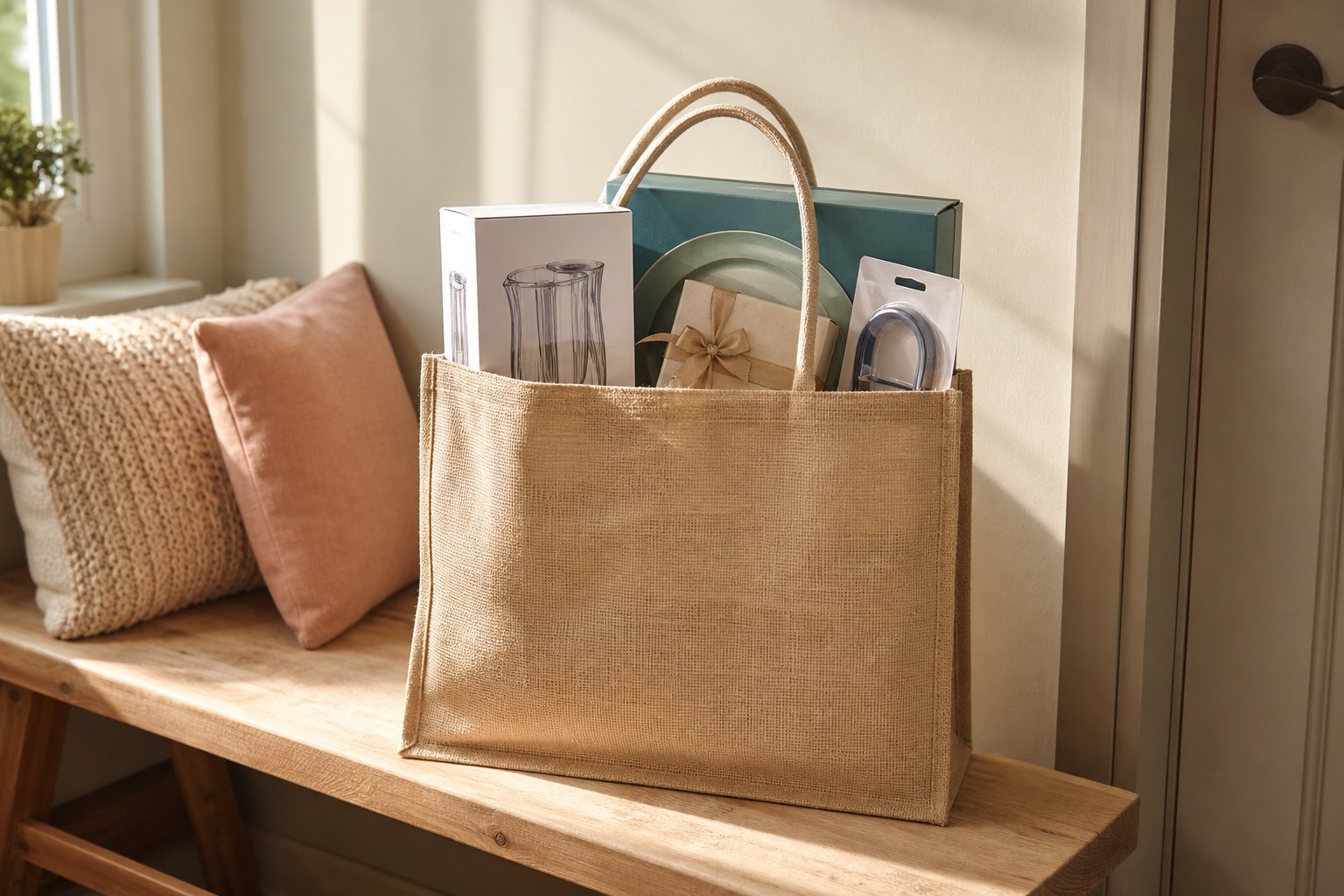 A reusable tote holding assorted home and gift finds beside a front door