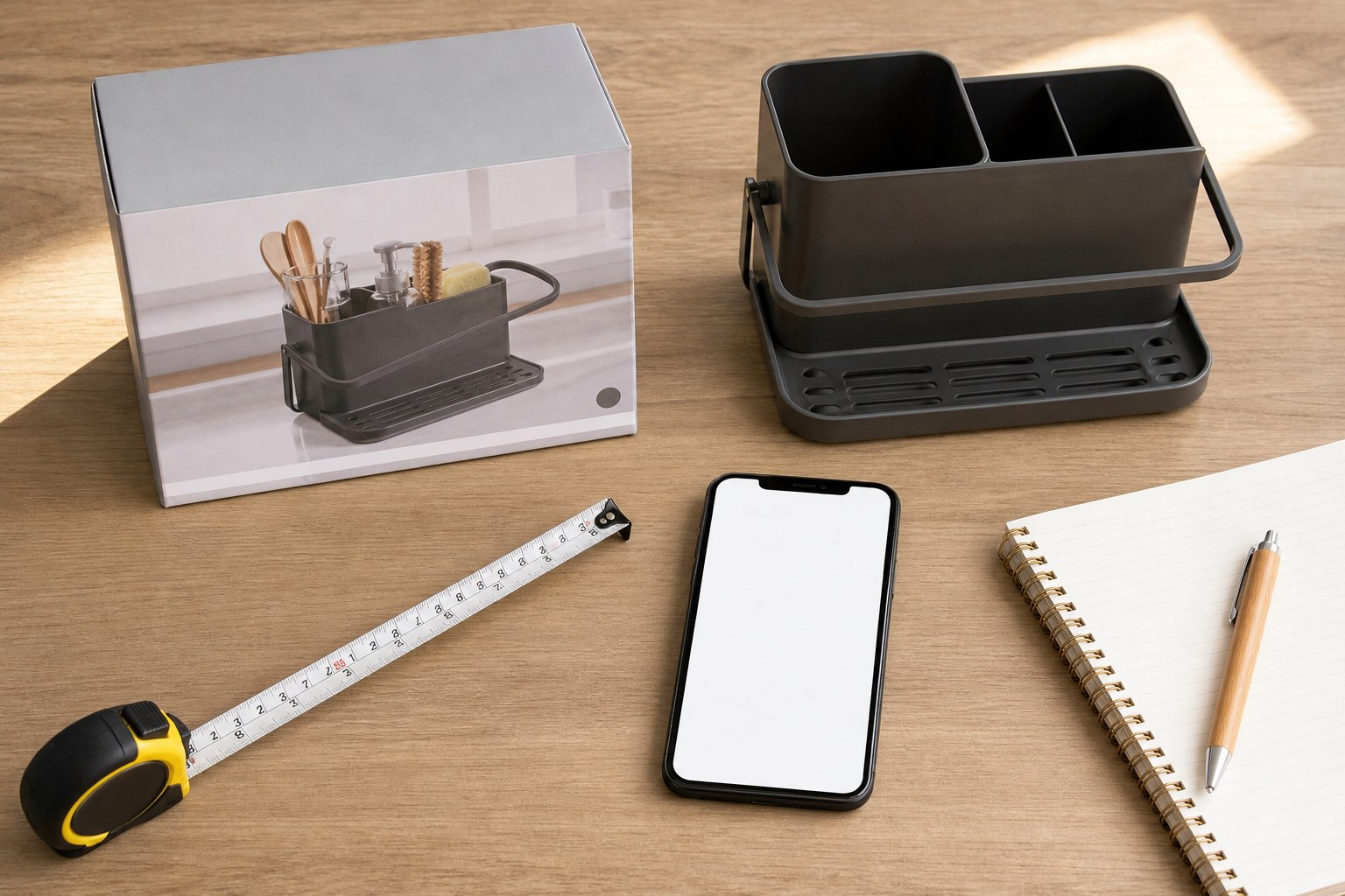 A generic home organizer, measuring tape, and phone arranged for a product comparison