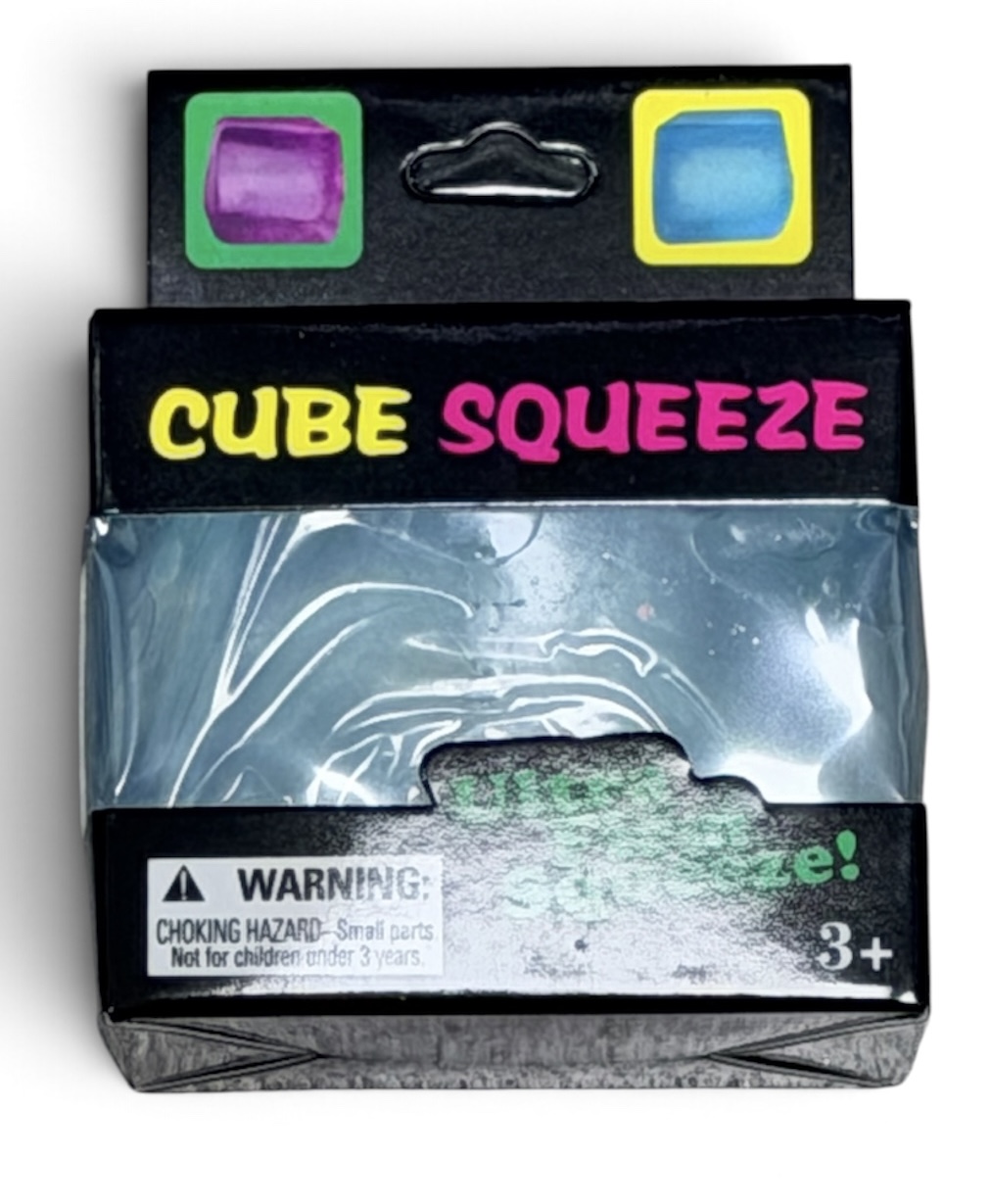 Cube Squeeze toy package with a blue cube squishy