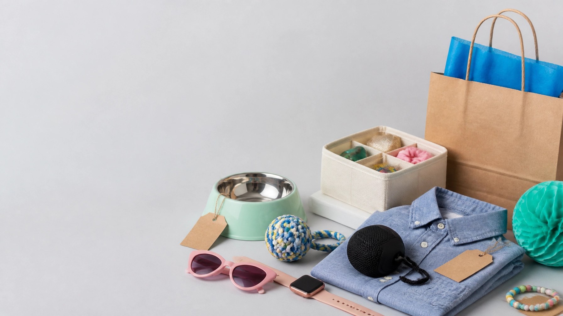 Everyday items gathered beside shopping bags