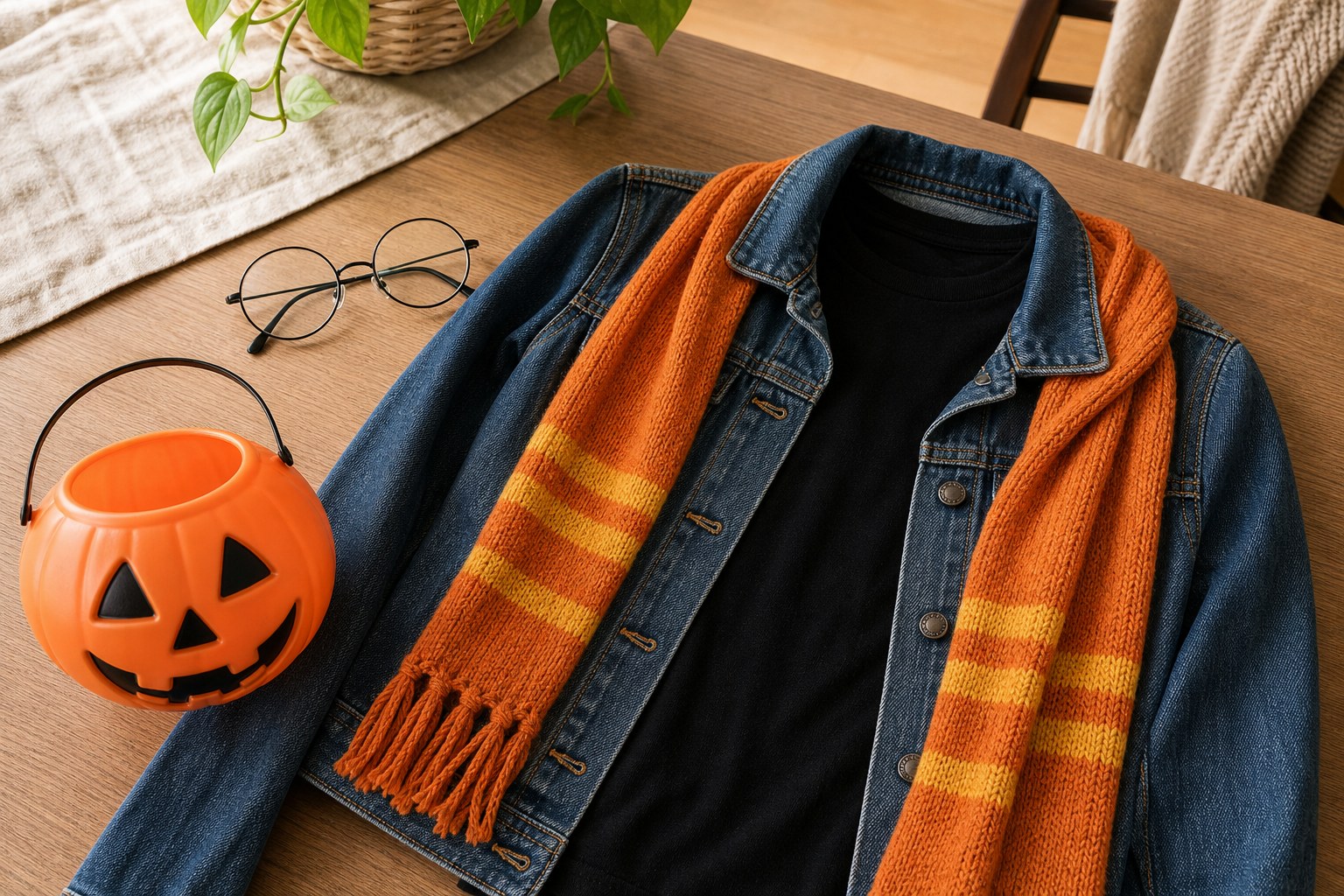 Everyday clothing and costume accessories arranged as a Halloween outfit idea