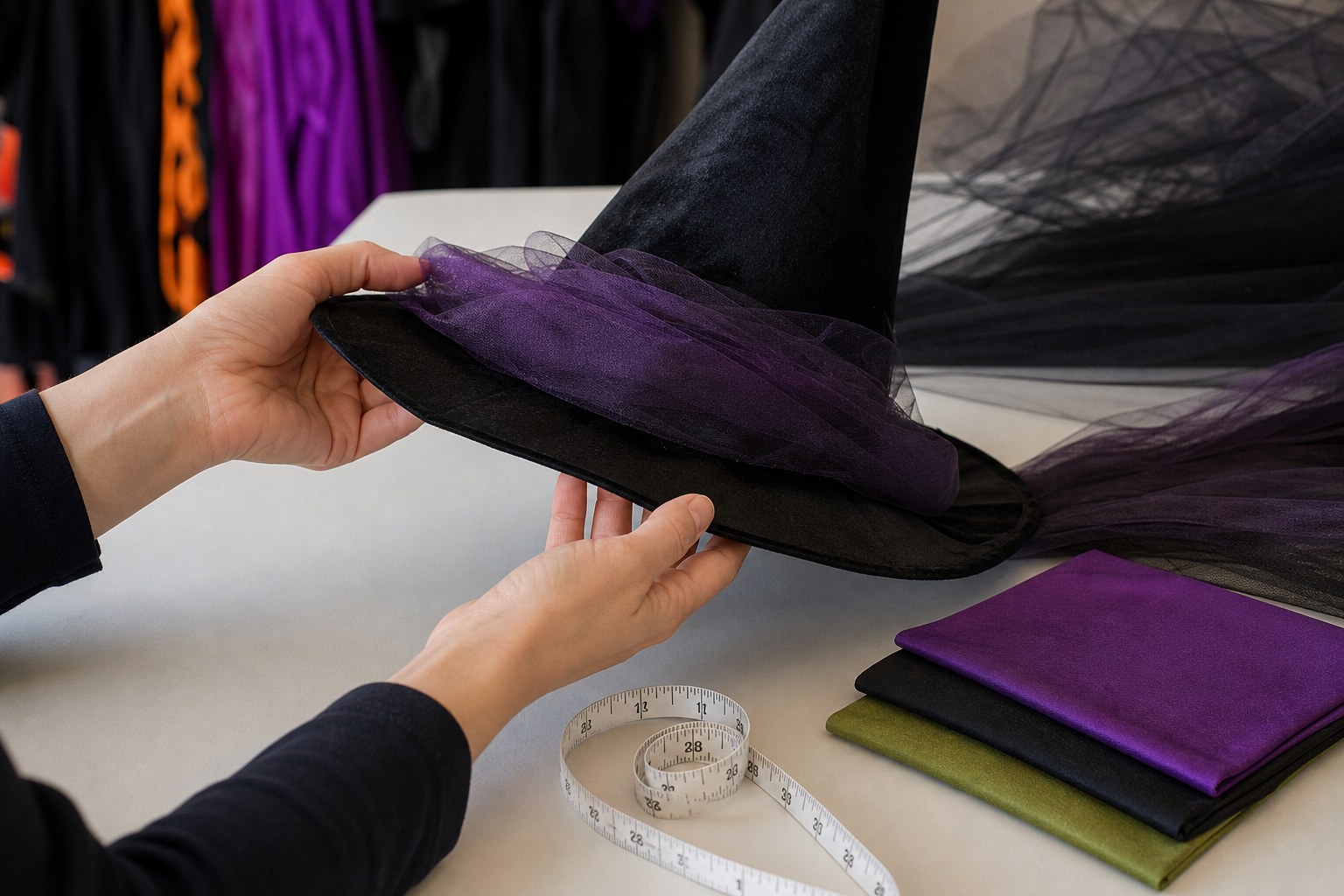 Person checking the fit and quality of a costume accessory