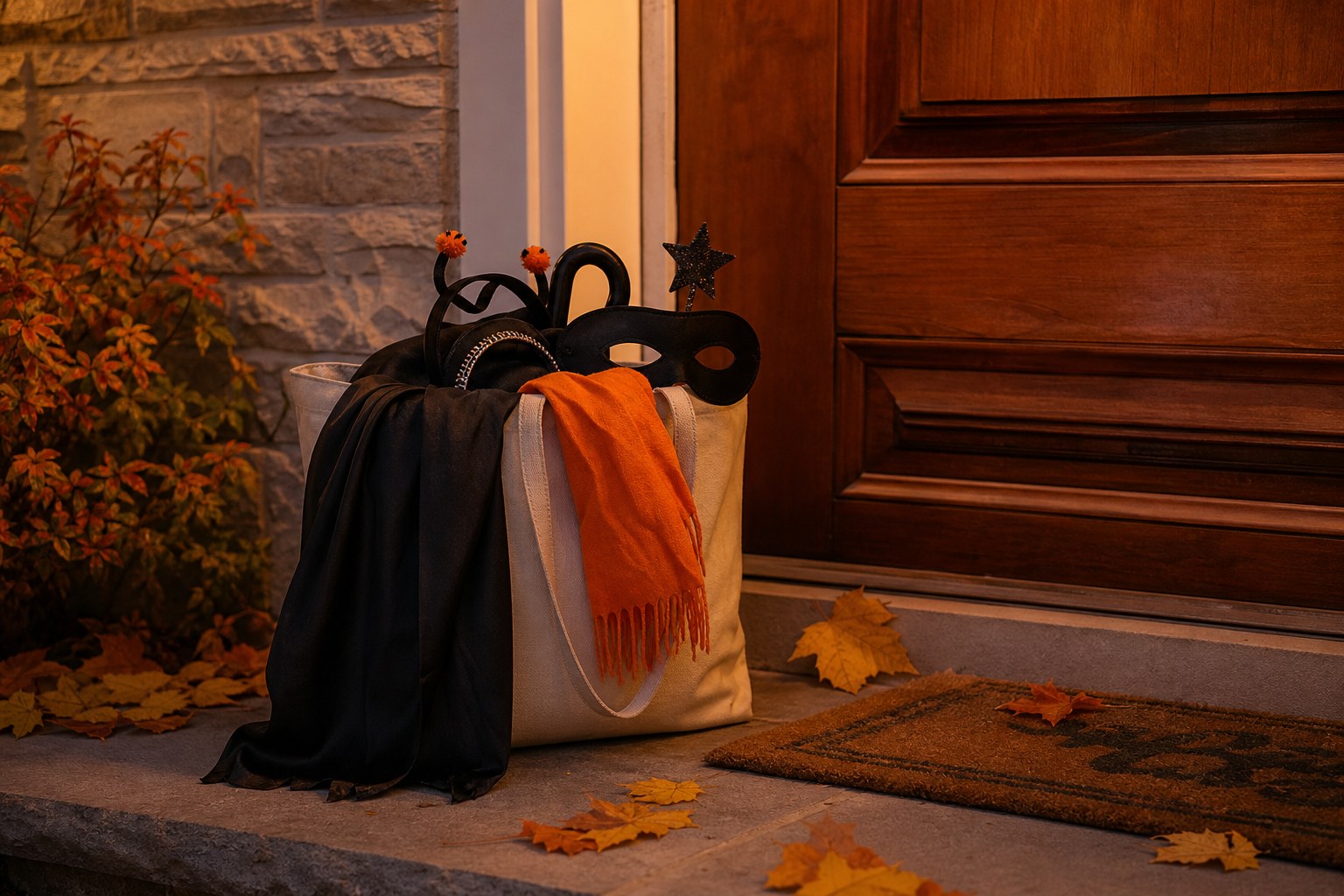 Reusable tote holding simple Halloween costume accessories