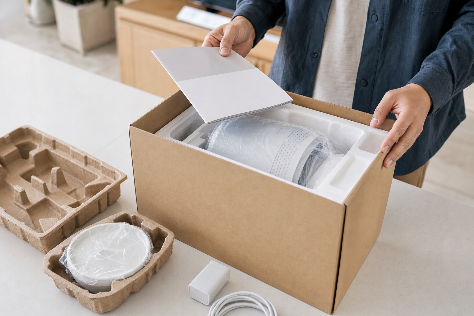 Hands checking an unbranded boxed home item for included details and package condition