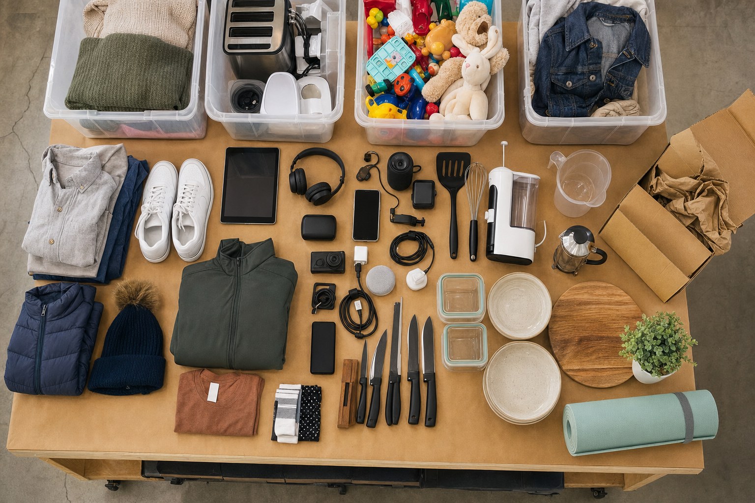 A sorted assortment of unbranded household, electronics, toy, and apparel finds on a warehouse table