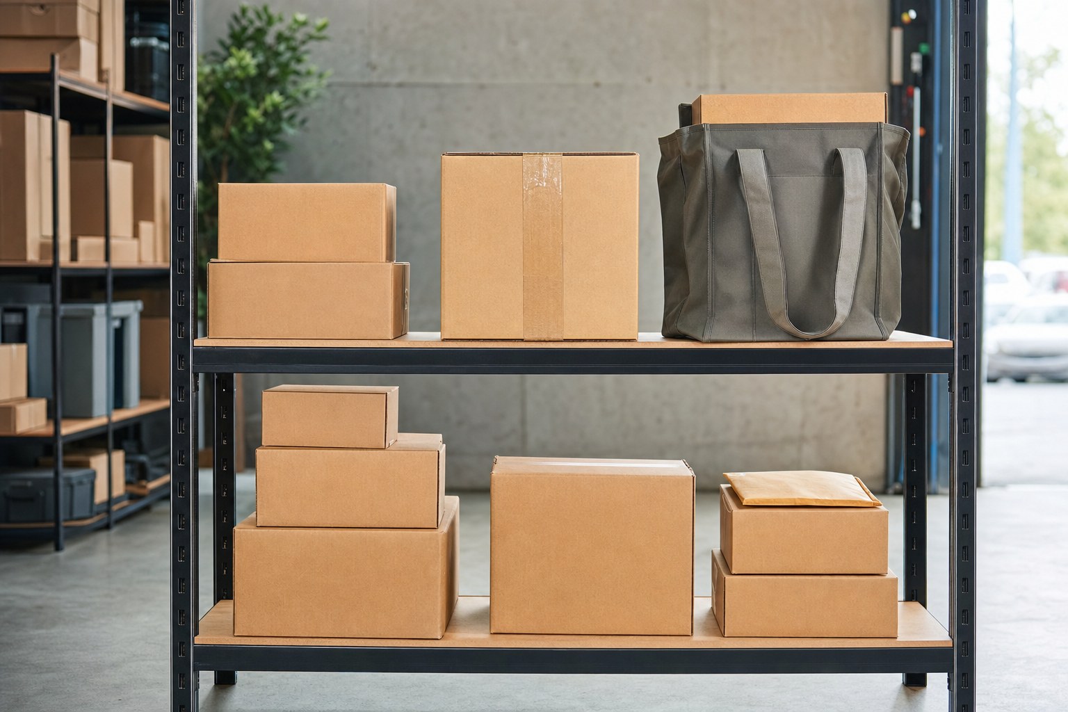 A tidy local pickup shelf with parcels and a reusable shopping tote