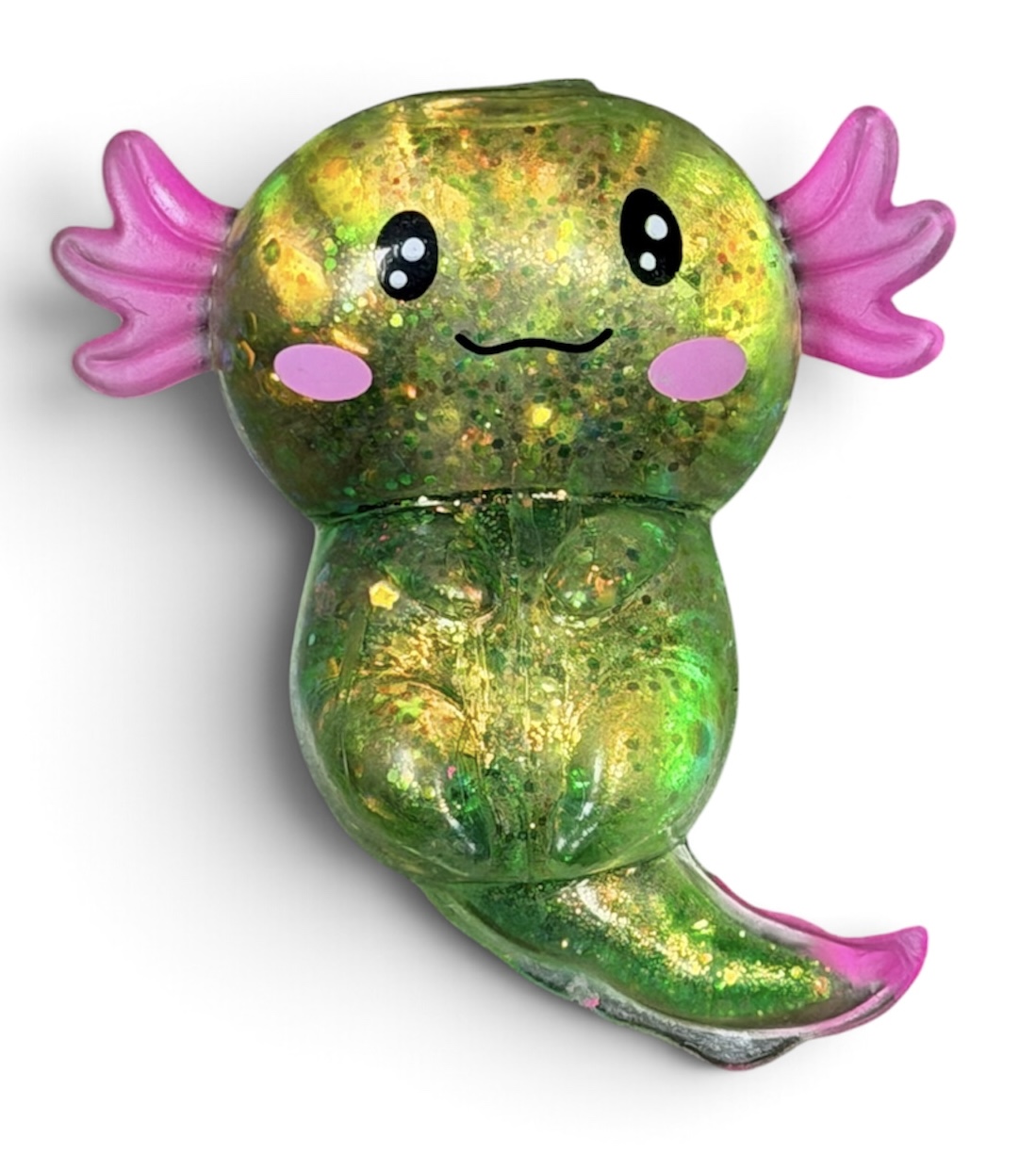 Green and pink axolotl sugar squishy with a thick glittery filling