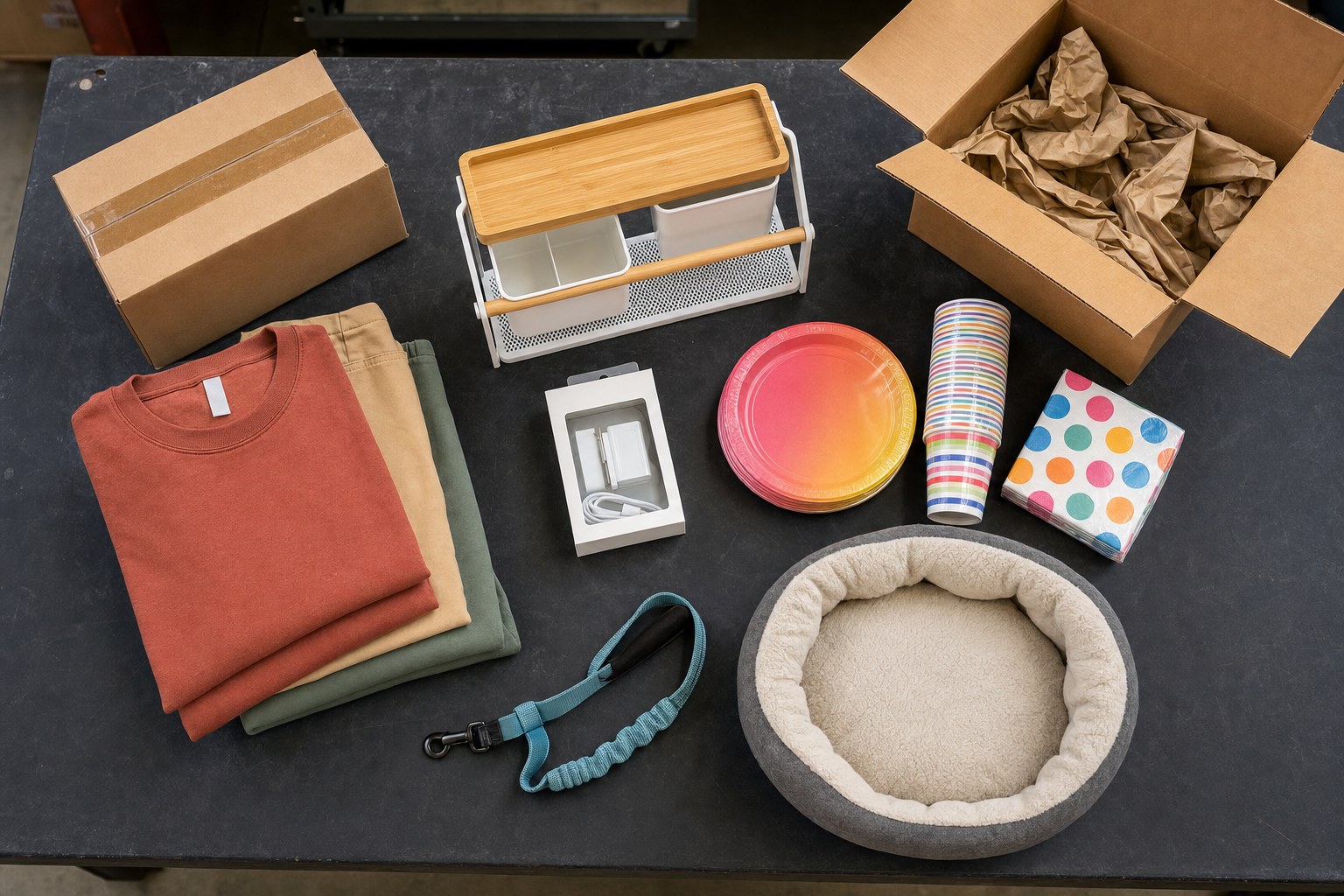 New household, electronics, apparel, party, and pet items arranged on a warehouse table