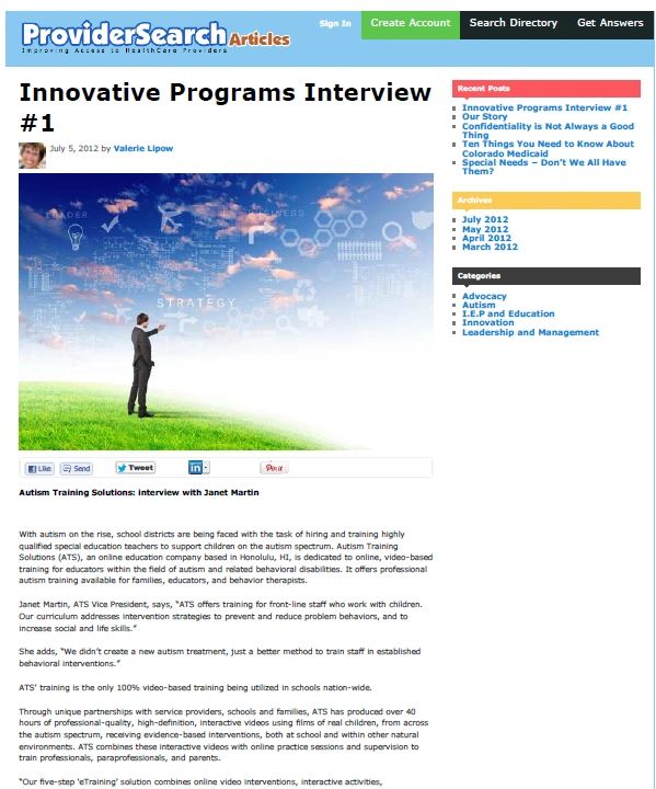 Web article interview with an autism advocacy and training company.