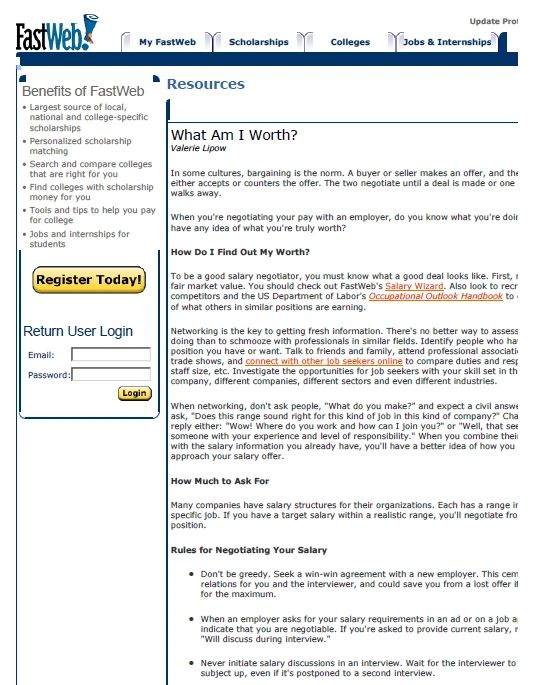 Career-planning website feature focused on target salary, skills and experience.