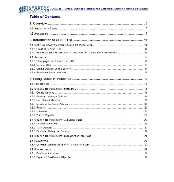 Table of contents page from a software technical manual.
