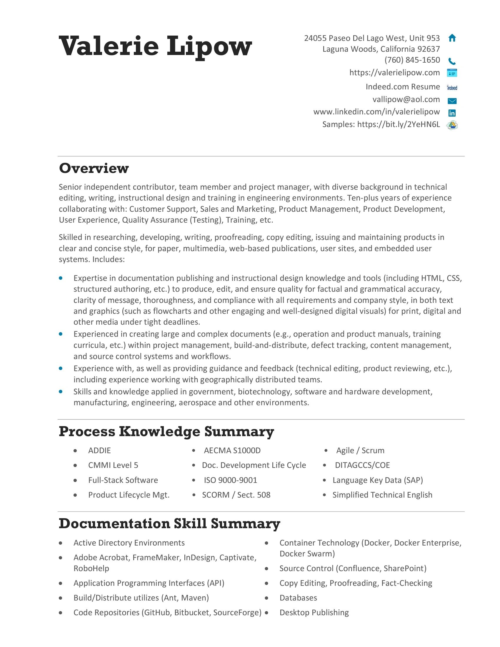 First page of Valerie Lipow's résumé
