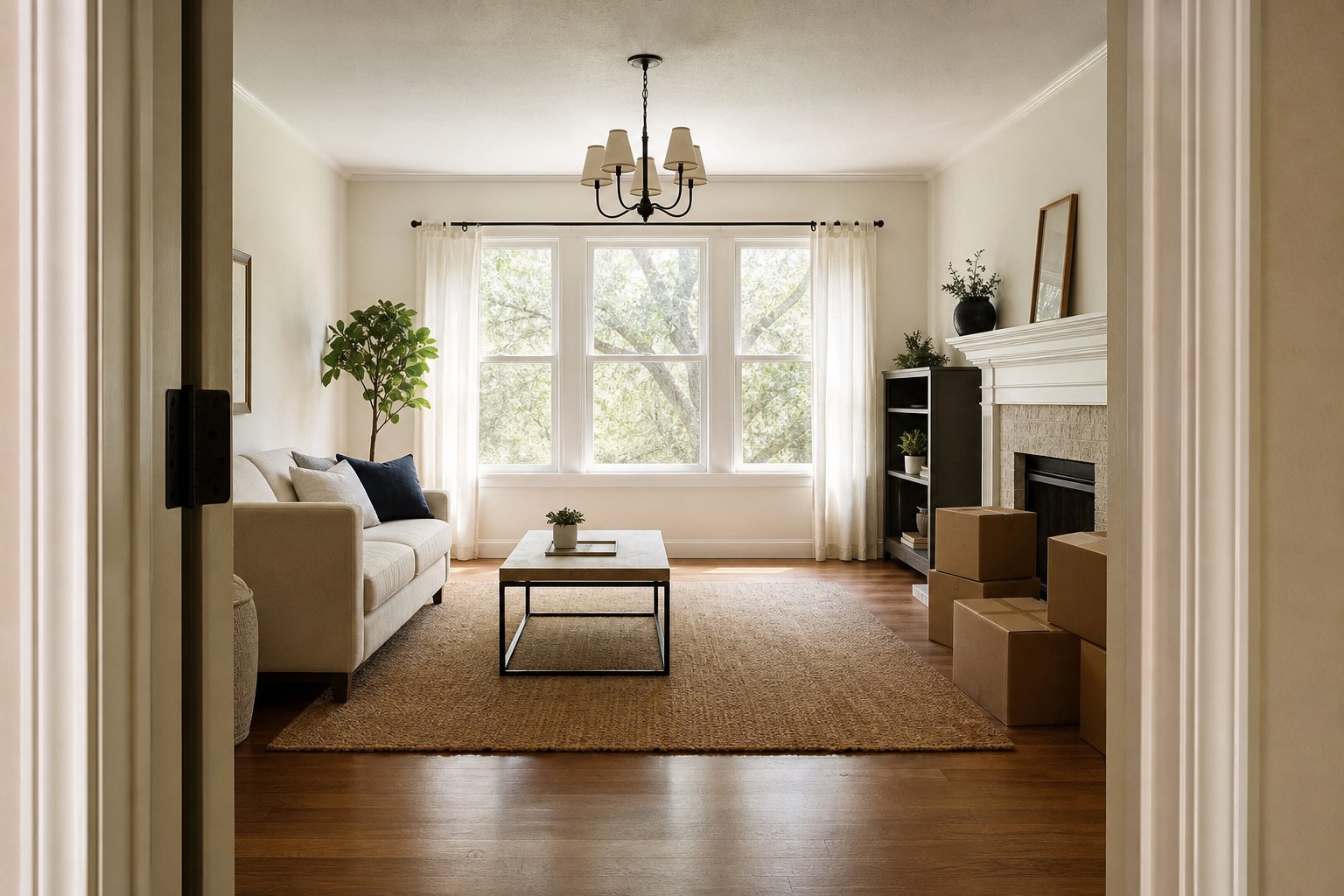 Bright, tidy living room prepared for a home sale with boxes set aside