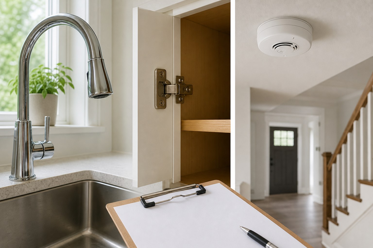 Pre-listing walkthrough details including a faucet, cabinet hinge and smoke detector