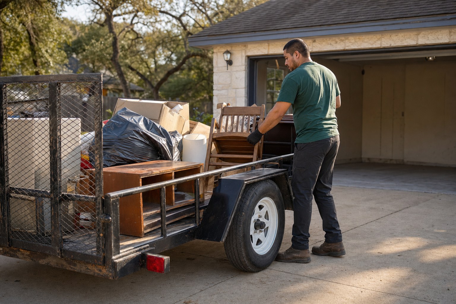 Illustrative worker loading a property cleanout trailer