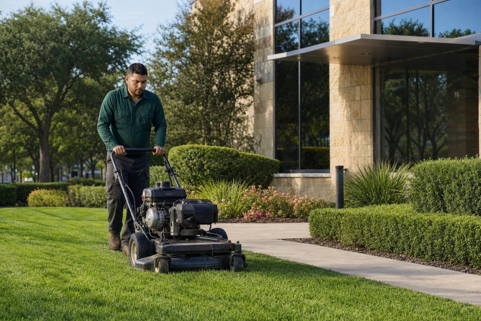Illustrative grounds maintenance worker mowing a commercial lawn