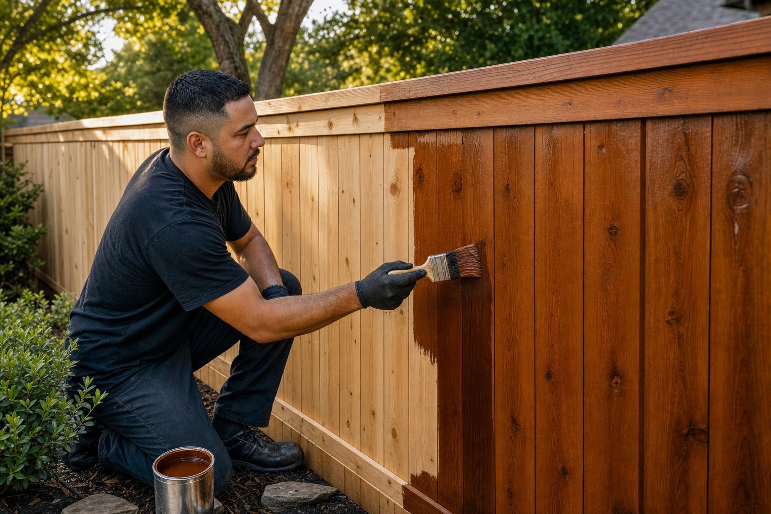 Illustrative worker staining a cedar privacy fence