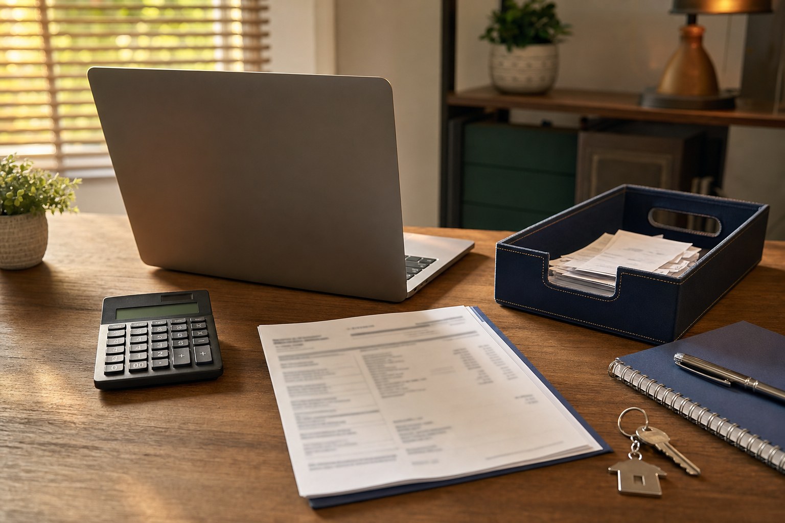 Organized desk set up for a monthly rental bookkeeping review