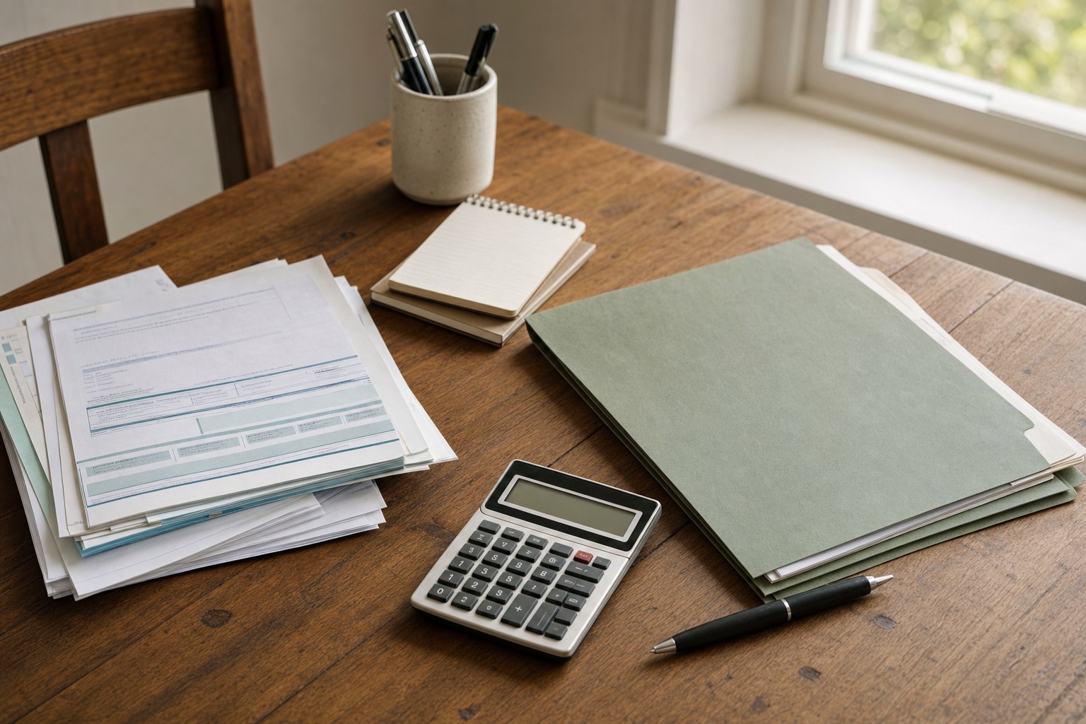 Organized financial records, calculator, and file folder on a wooden desk