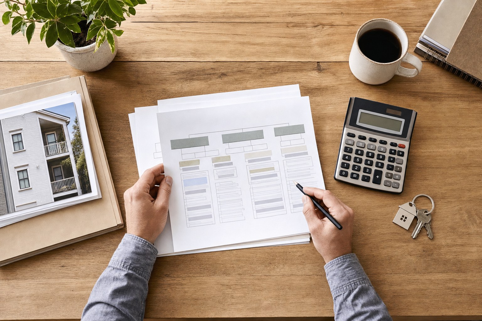 Rental property owner organizing a chart of accounts, property records, calculator, and keys