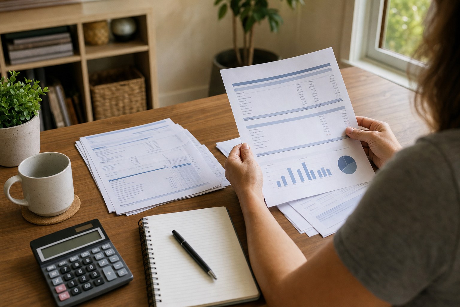 Rental property owner reviewing monthly financial reports, statements, calculator, and notebook