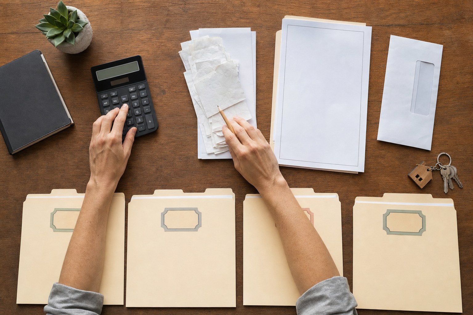 Rental property owner sorting expense receipts and property records with a calculator