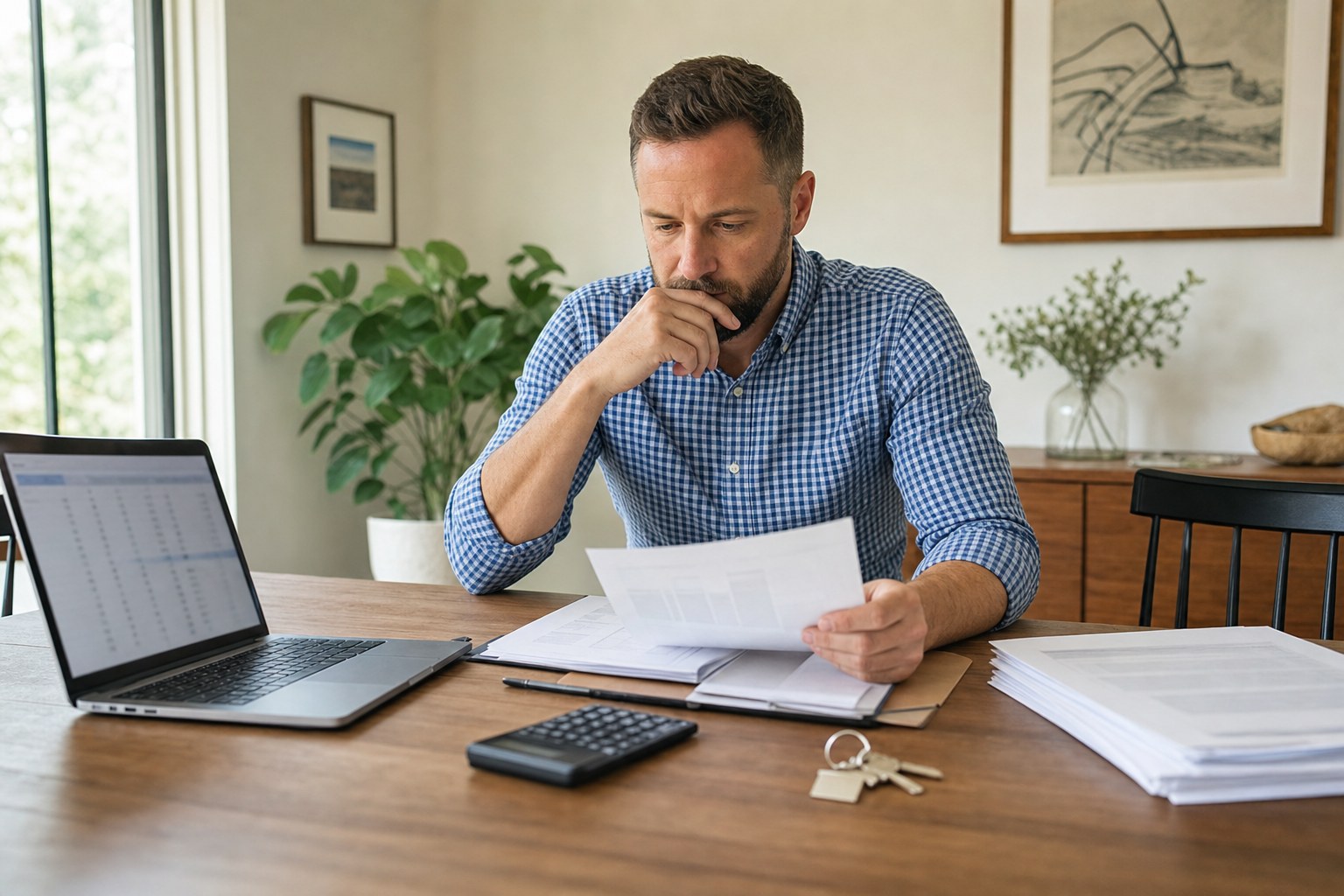 Rental property owner reviewing financial records at a desk with a calculator and keys