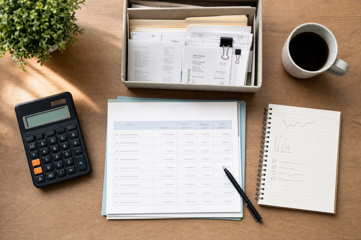 Organized rental income records and calculator arranged for monthly review