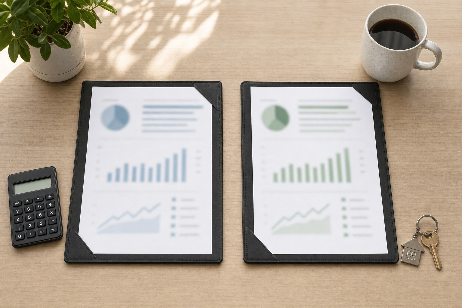 Two monthly rental property reports arranged side by side for comparison