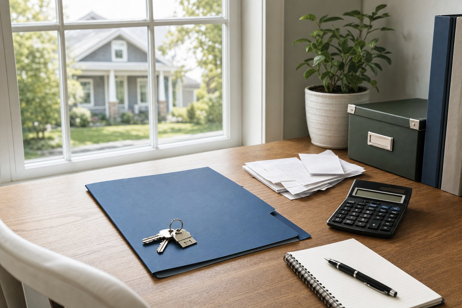Organized rental property records, calculator, and keys on a desk
