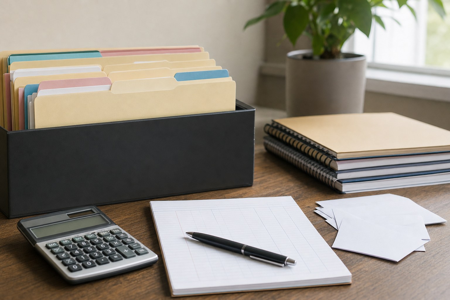 Organized property record folders, calculator, envelopes, and ledger on a bookkeeping desk
